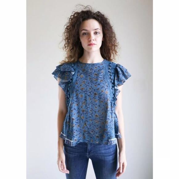 Sea Tops - Sea New York Khloe Blue Floral Pom Pom Ruffled Flutter Sleeve Blouse Womens 2